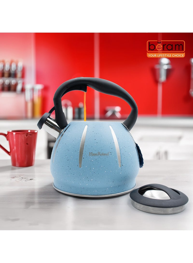 هوسرولاند غلاية شاي من الفولاذ المقاوم للصدأ، غلايات منقطة، 3 لتر، إبريق شاي صافرة، سطح الموقد، لمسة نهائية حجرية، مقبض مضاد للحرارة، مضاد للصدأ، صفارة عالية، أدوات مطبخ سريعة الغليان، غلاية منقطة بخطوط بيضاء - Image 2