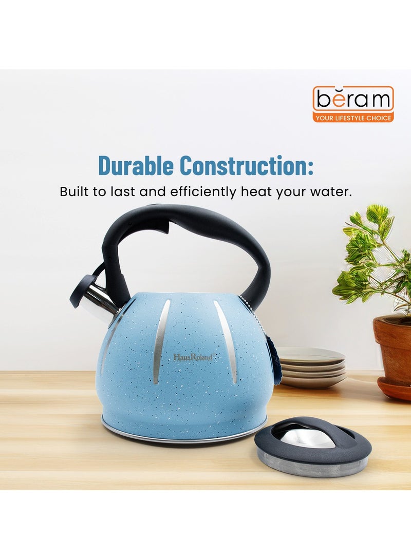هوسرولاند غلاية شاي من الفولاذ المقاوم للصدأ، غلايات منقطة، 3 لتر، إبريق شاي صافرة، سطح الموقد، لمسة نهائية حجرية، مقبض مضاد للحرارة، مضاد للصدأ، صفارة عالية، أدوات مطبخ سريعة الغليان، غلاية منقطة بخطوط بيضاء - Image 5