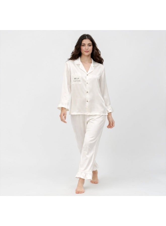Satin pajama set with soft ruffled edges - Image 1