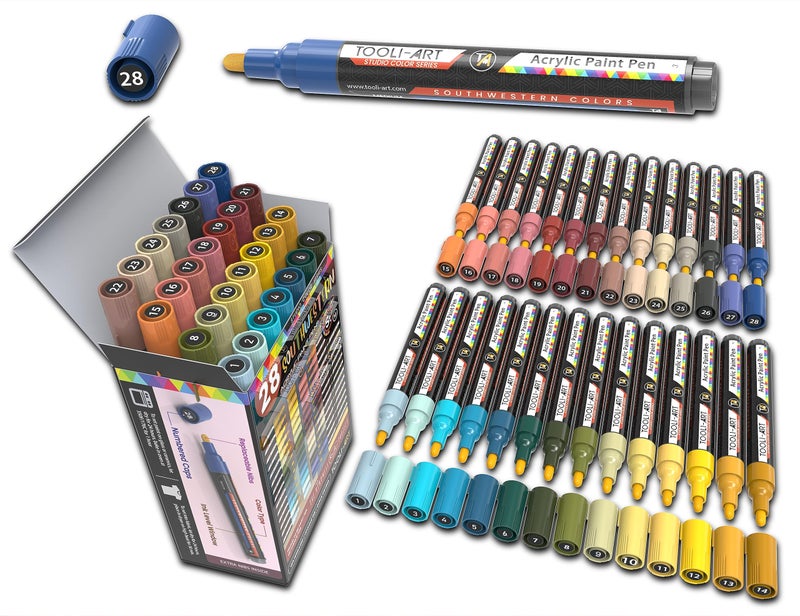TOOLI-ART 28 Southwestern Colors Acrylic Paint Pens Studio Color Series Markers Set 3mm Medium Tip, Rock Painting, Glass, Mugs, Wood, Metal, Canvas, DIY Projects, Detailing. Non Toxic, Waterbased, Quick Drying - Image 1