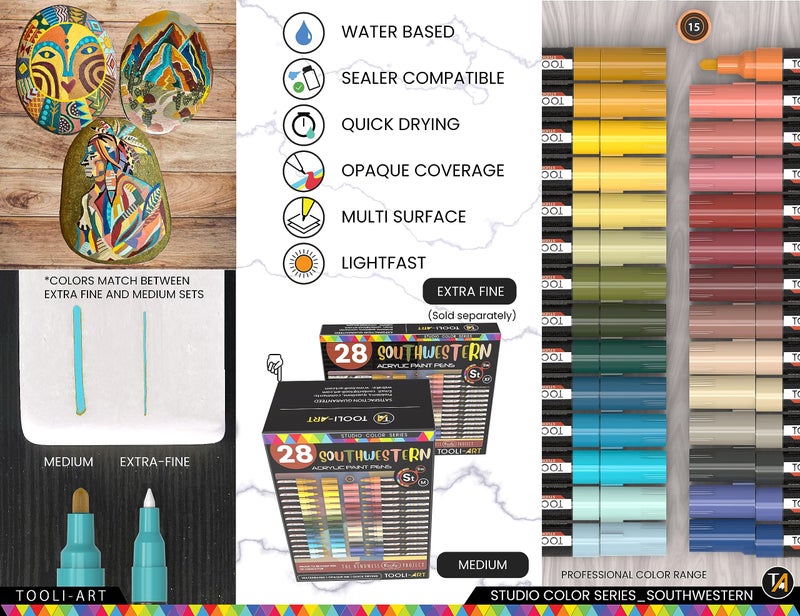 TOOLI-ART 28 Southwestern Colors Acrylic Paint Pens Studio Color Series Markers Set 3mm Medium Tip, Rock Painting, Glass, Mugs, Wood, Metal, Canvas, DIY Projects, Detailing. Non Toxic, Waterbased, Quick Drying - Image 5