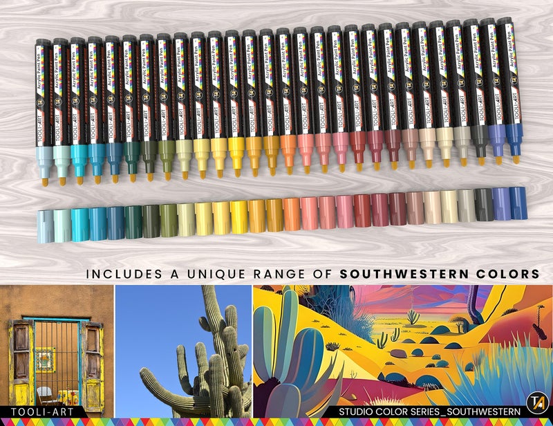 TOOLI-ART 28 Southwestern Colors Acrylic Paint Pens Studio Color Series Markers Set 3mm Medium Tip, Rock Painting, Glass, Mugs, Wood, Metal, Canvas, DIY Projects, Detailing. Non Toxic, Waterbased, Quick Drying - Image 4