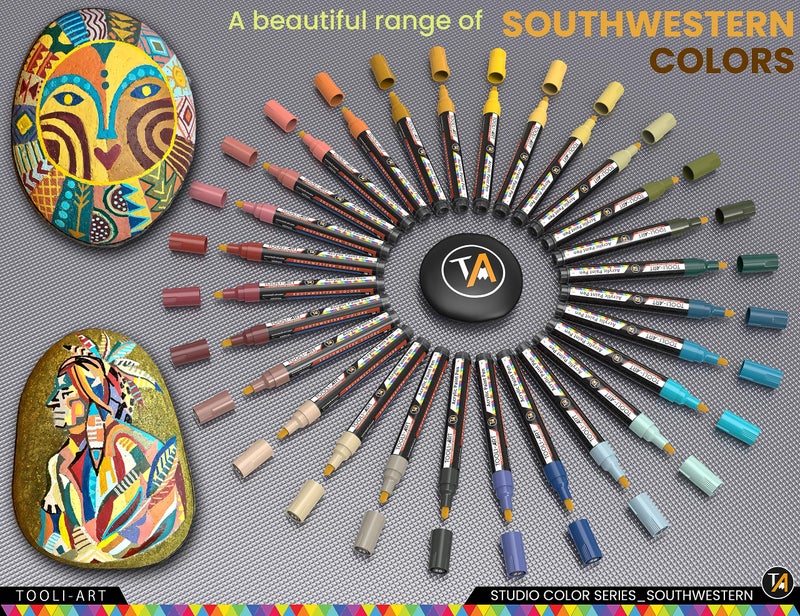 TOOLI-ART 28 Southwestern Colors Acrylic Paint Pens Studio Color Series Markers Set 3mm Medium Tip, Rock Painting, Glass, Mugs, Wood, Metal, Canvas, DIY Projects, Detailing. Non Toxic, Waterbased, Quick Drying - Image 3