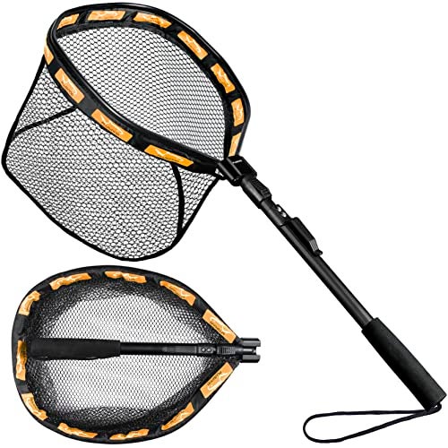 PLUSINNO Floating Fishing Net for Steelhead Salmon Fly Kayak Bass Trout Fishing Catfish Rubber Coated Landing Net for Easy Catch Release Compact Foldable for Easy Transportation Storage