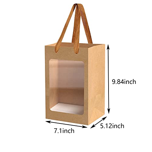 BallHull 12 Pcs Brown Paper Gift Bags with Transparent Window, 9.84"x7.0"x5.12" Kraft Shopping Bags with Handles for Bouquet Christmas Birthdays Festivals Party Weddings Wrapping - Image 2