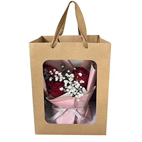 BallHull 12 Pcs Brown Paper Gift Bags with Transparent Window, 9.84"x7.0"x5.12" Kraft Shopping Bags with Handles for Bouquet Christmas Birthdays Festivals Party Weddings Wrapping - Image 3