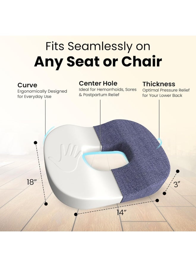 CareFoam وسادة دونات من فوم الذاكرة للعناية بألم العصعص وأسفل الظهر – وسادة مقعد للعلاج من البواسير، عرق النسا والبواسير – 18 x 14 x 3 بوصة، زرقاء - Image 3