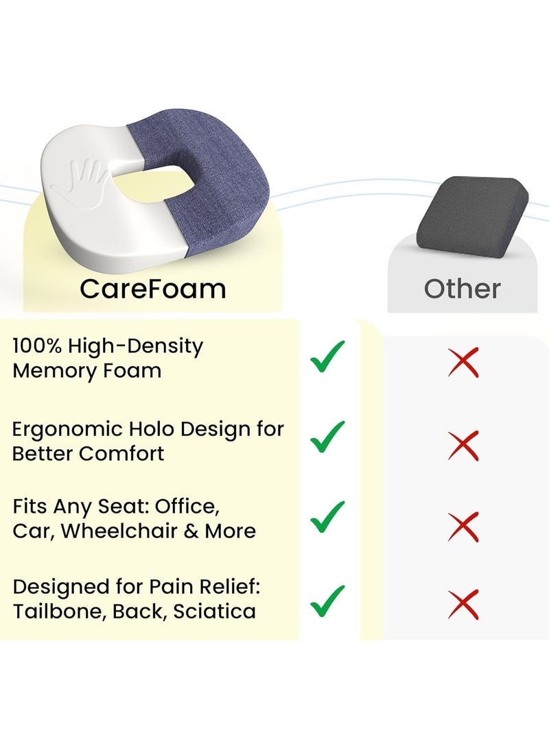 CareFoam وسادة دونات من فوم الذاكرة للعناية بألم العصعص وأسفل الظهر – وسادة مقعد للعلاج من البواسير، عرق النسا والبواسير – 18 x 14 x 3 بوصة، زرقاء - Image 5