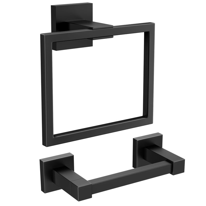 FORIOUS Toilet Paper Holder Wall Mount SUS 304 Stainless Steel Square Double Post Pivoting Tissue Roll Holder and Hand Towel Ring Set Bathroom Hardware Accessories Set Matte Black