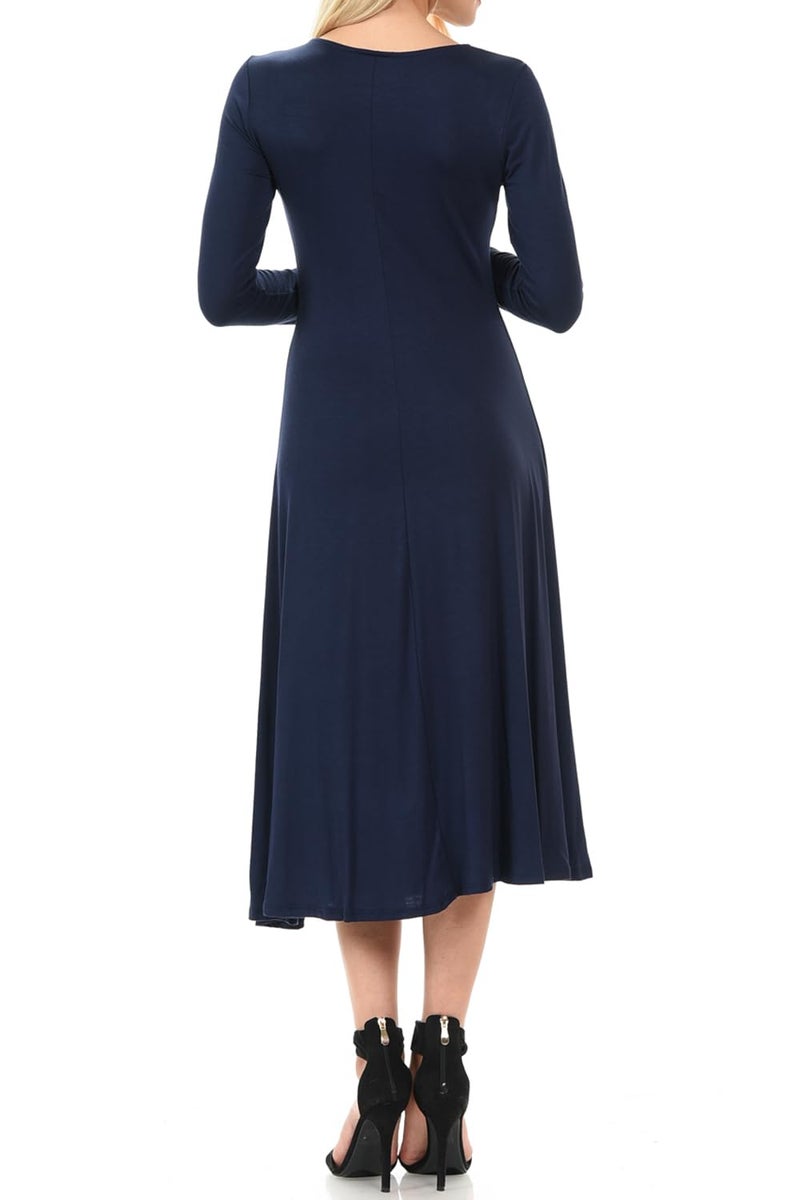 iconic luxe Women's Long Sleeve A-Line Fit and Flare Midi Dress Formal Casual Medium Navy - Image 3
