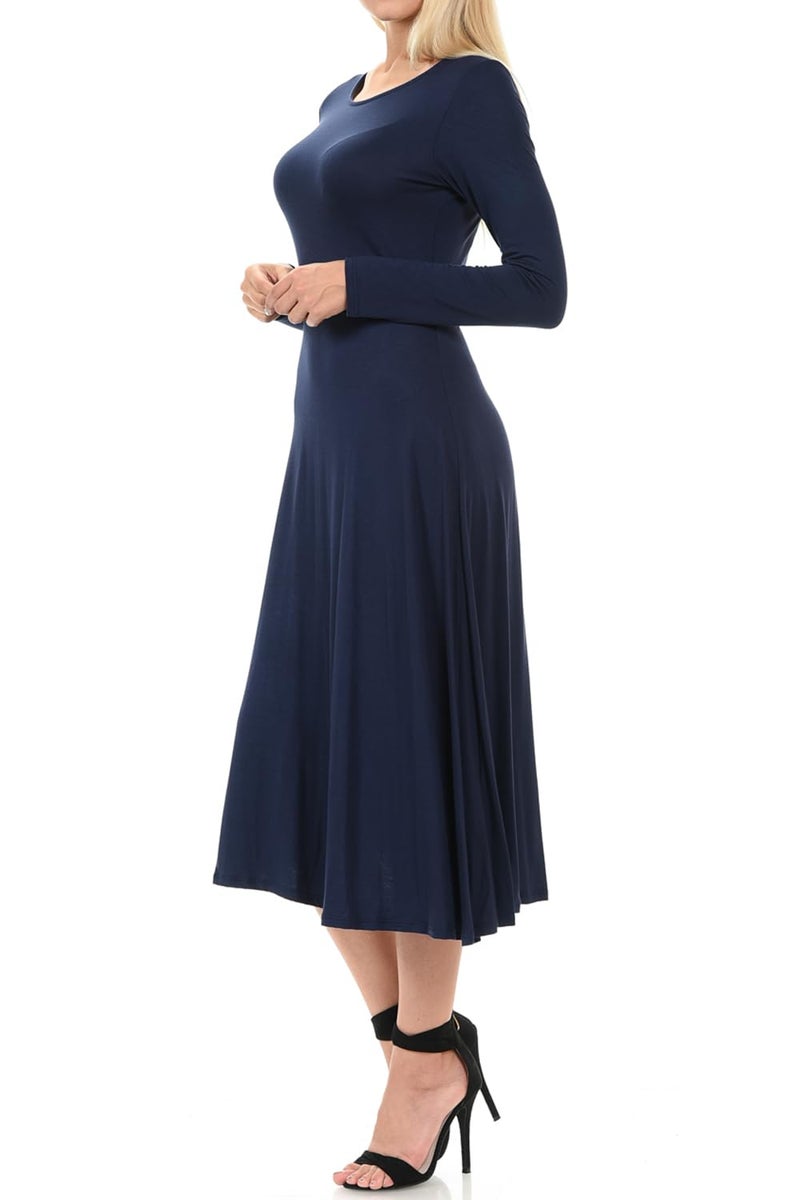 iconic luxe Women's Long Sleeve A-Line Fit and Flare Midi Dress Formal Casual Medium Navy - Image 2