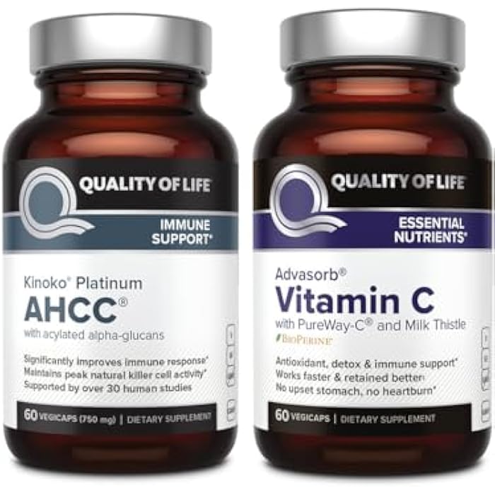 Quality of Life مجموعة دعم المناعة AHCC كينوكو بلاتينوم وفيتامين C أدفاسورب - Image 1