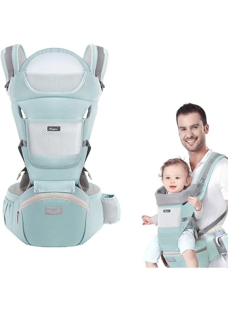 MostNow Baby Carrier with Hip Seat,Ergonomic M Position 6in1 Baby Carrier Newborn to Toddler,Head Support and Breathable Mesh Newborn Carrier,Adjustable Baby Holder Carrier for Dad&Mom (Green) - Image 1