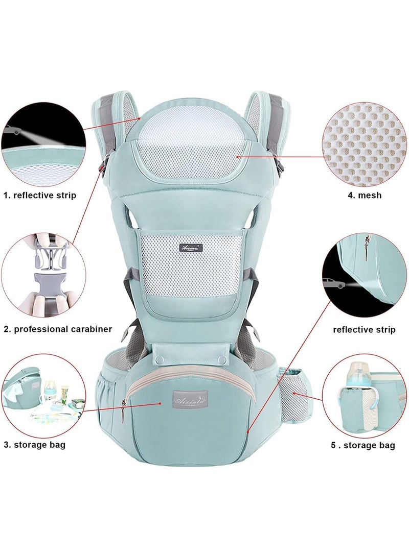MostNow Baby Carrier with Hip Seat,Ergonomic M Position 6in1 Baby Carrier Newborn to Toddler,Head Support and Breathable Mesh Newborn Carrier,Adjustable Baby Holder Carrier for Dad&Mom (Green) - Image 2