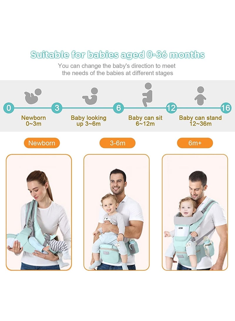 MostNow Baby Carrier with Hip Seat,Ergonomic M Position 6in1 Baby Carrier Newborn to Toddler,Head Support and Breathable Mesh Newborn Carrier,Adjustable Baby Holder Carrier for Dad&Mom (Green) - Image 5