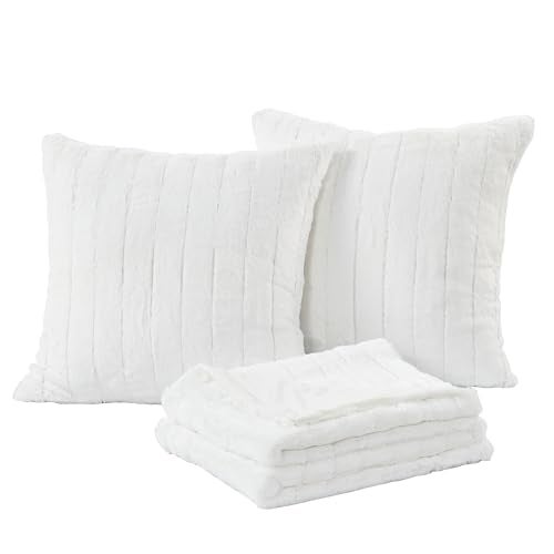 Home Soft Things Rabbit Faux Fur Throw Blanket (50" x 60") and 2 Pillow Covers (18" x 18")，3 Piece Bright White Throw Pillow Set，Decorative Throw Blankets for Couch Bed Living Room - Image 1