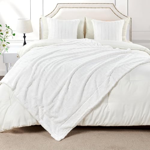 Home Soft Things Rabbit Faux Fur Throw Blanket (50" x 60") and 2 Pillow Covers (18" x 18")，3 Piece Bright White Throw Pillow Set，Decorative Throw Blankets for Couch Bed Living Room - Image 3