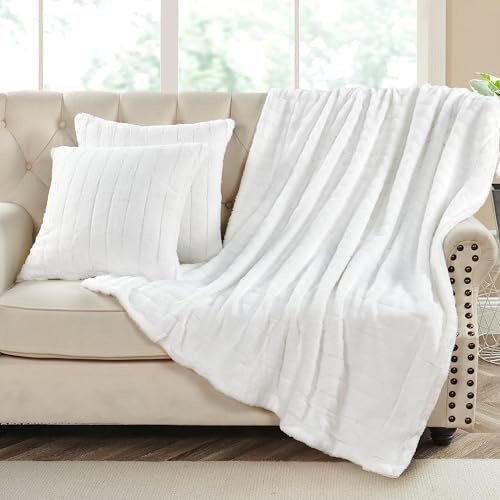 Home Soft Things Rabbit Faux Fur Throw Blanket (50" x 60") and 2 Pillow Covers (18" x 18")，3 Piece Bright White Throw Pillow Set，Decorative Throw Blankets for Couch Bed Living Room - Image 2