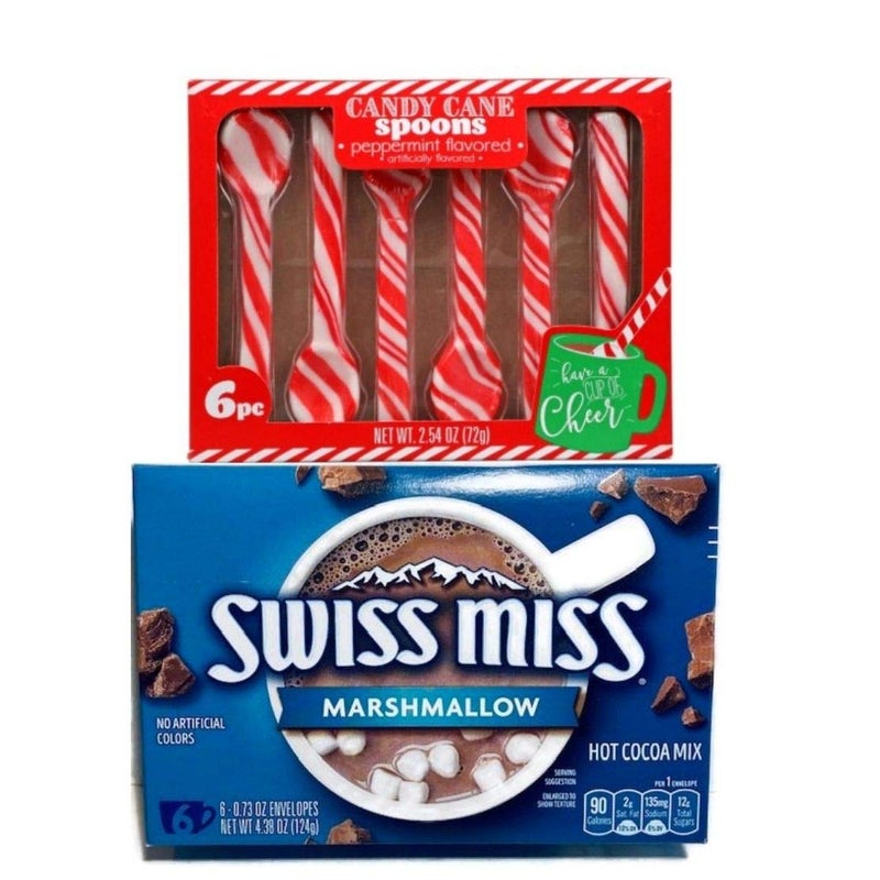 Candy Cane Spoons (Peppermint) and Hot Chocolate with Marshmallow Set | 6 Count Each