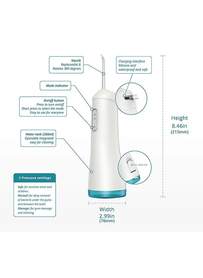 مانجي تنظيف أسنان الأسنان بالماء مع 4 فوهات نفاثة، 3 أوضاع تصميم مقاوم للماء جهاز الري السني الفموي، أدوات تنظيف أسنان مائية متنقلة قابلة لإعادة الشحن للسفر إلى المنزل (أبيض) - Image 2