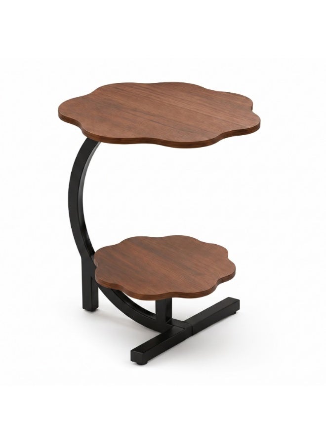 Modern 2 Tier Flower Shaped Side Table with Black Metal Frame, Brown - Image 1