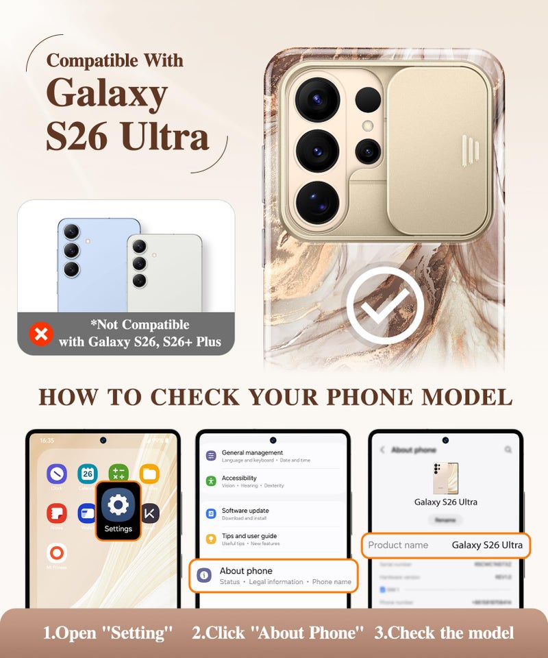 GVIEWIN for Samsung Galaxy S26 Ultra Case, [Slide Camera Cover & Built-in HD Screen Protector] [2 Front Frames] Shockproof Military Grade Protective Marble Phone Case S26 Ultra 6.9" (Topaz/Gold) - Image 2
