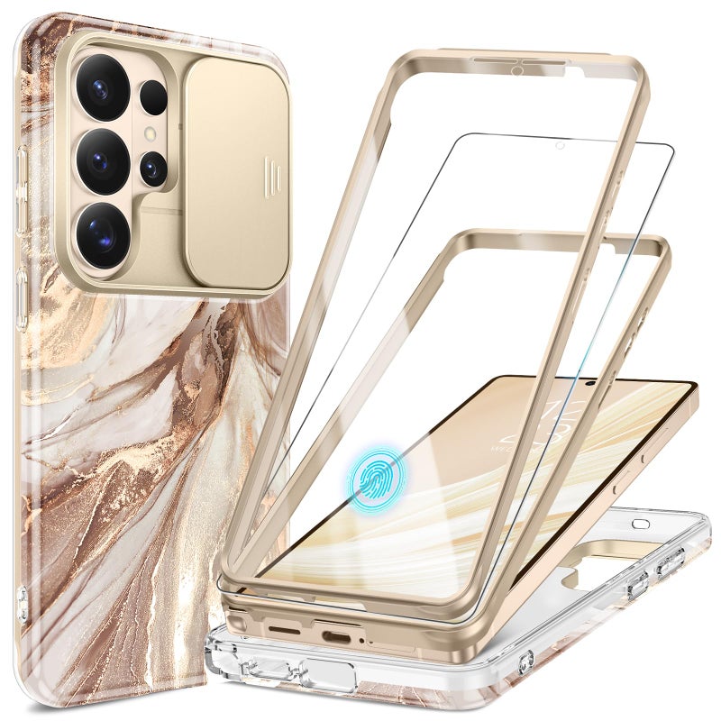 GVIEWIN for Samsung Galaxy S26 Ultra Case, [Slide Camera Cover & Built-in HD Screen Protector] [2 Front Frames] Shockproof Military Grade Protective Marble Phone Case S26 Ultra 6.9" (Topaz/Gold) - Image 1