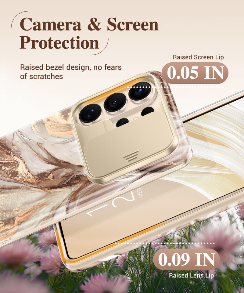 GVIEWIN for Samsung Galaxy S26 Ultra Case, [Slide Camera Cover & Built-in HD Screen Protector] [2 Front Frames] Shockproof Military Grade Protective Marble Phone Case S26 Ultra 6.9" (Topaz/Gold) - Image 5