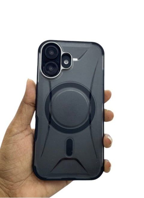 Shockproof Leather Phone Case with Wireless Charger Magsafe Case for iPhone 16 Plus Black/Clear