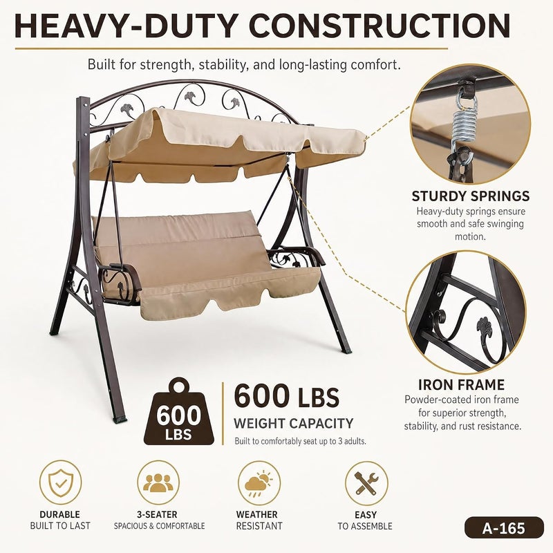 3-Person Outdoor Patio Swing with Adjustable Canopy - Beige - Image 2