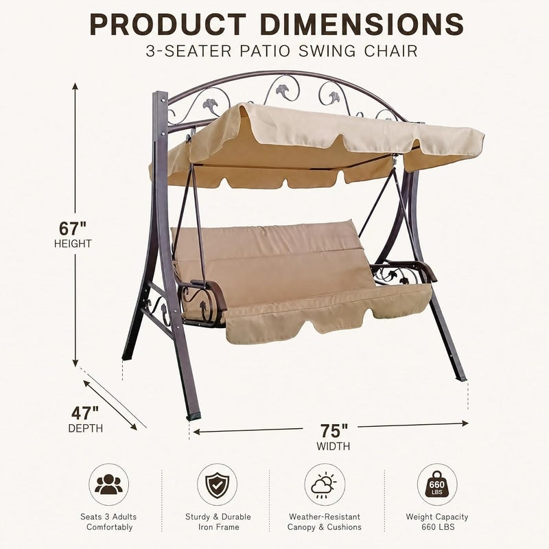 3-Person Outdoor Patio Swing with Adjustable Canopy - Beige - Image 4