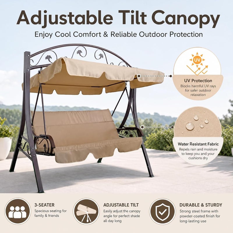 3-Person Outdoor Patio Swing with Adjustable Canopy - Beige - Image 3