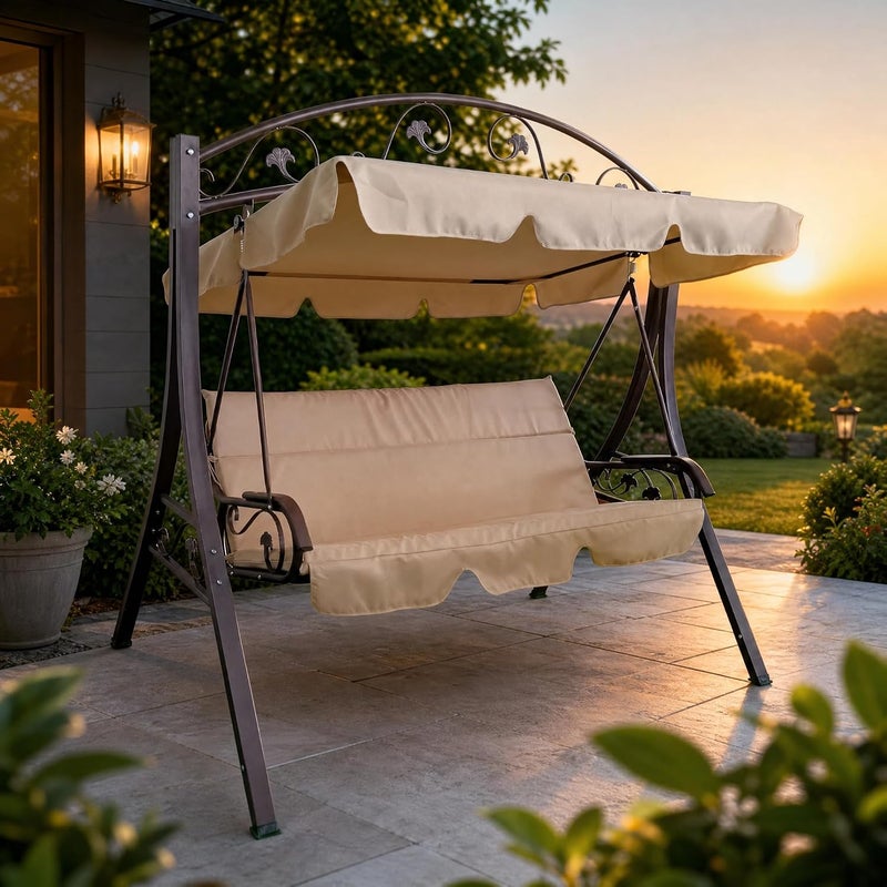 3-Person Outdoor Patio Swing with Adjustable Canopy - Beige - Image 1