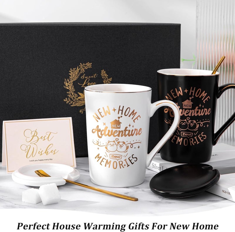 ALBISS Temp resistant House Warming Gifts for New Home, New Housewarming Ideas Gift with14oz Ceramic Coffee Mug，Lid，Spoons，Card，Gift Box for NewHouse Couple Neighbor Friend Family Cost effective global grade quality - Image 5