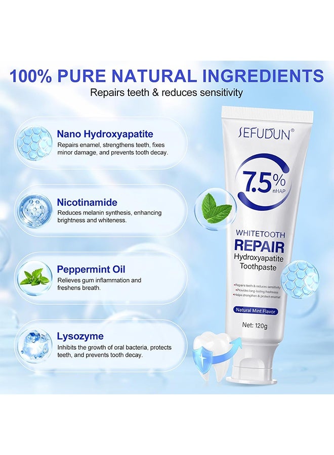 Sefudun 7.5% nHAP Whitetooth Repair, Hydroxyapatite Toothpaste(Fluoride Free), Natural Nano Hydroxyapatite Toothpaste for Sensitive Teeth, Enamel Protection, Tooth Strengthening, Fresh Mint Flavor, Daily Use for Oral Care 120g - Image 2