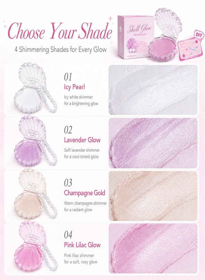 OLIBOLLA 4 PCS Shell Highlighter Balm with Pearl Strap, Long-lasting Shimmer Makeup Powder - Image 2
