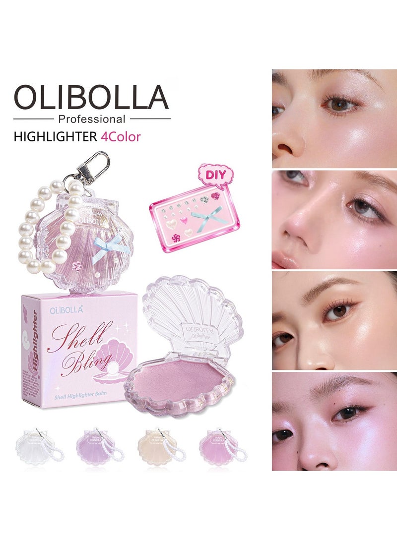 OLIBOLLA 4 PCS Shell Highlighter Balm with Pearl Strap, Long-lasting Shimmer Makeup Powder - Image 1