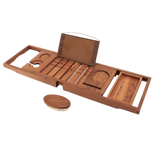 VaeFae Premium Teak Bathtub Tray Expandable Wooden Bath Tray for Tub Luxury Bathtub  Bathroom Accessories Great House Warming Anniversary  Wedding and Birthday Gifts Free Teak Body Brush - Image 1