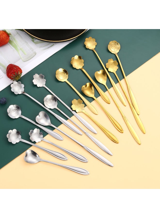 Stainless Steel Flower Spoon Creative Golden Coffee Mixing Spoon Dessert Flower Spoon Gift Spoon Hand Gift Spoon-Color:Golden Short Chrysanthemum - Image 1
