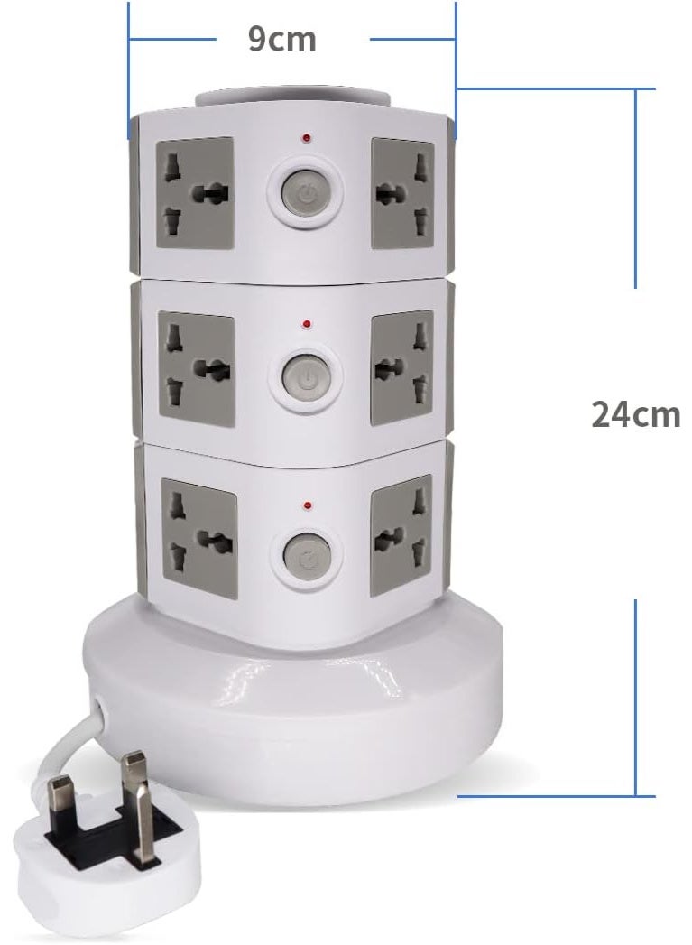 Zexen موزع طاقة عمودي عالمي، متعدد المآخذ (110V-250V) مع 2 منفذ USB، محطة شحن كهربائية مع واقي من زيادة التيار، مناسب لأي دولة (ثلاث طبقات) - Image 2