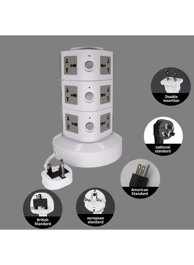 Zexen موزع طاقة عمودي عالمي، متعدد المآخذ (110V-250V) مع 2 منفذ USB، محطة شحن كهربائية مع واقي من زيادة التيار، مناسب لأي دولة (ثلاث طبقات) - Image 3