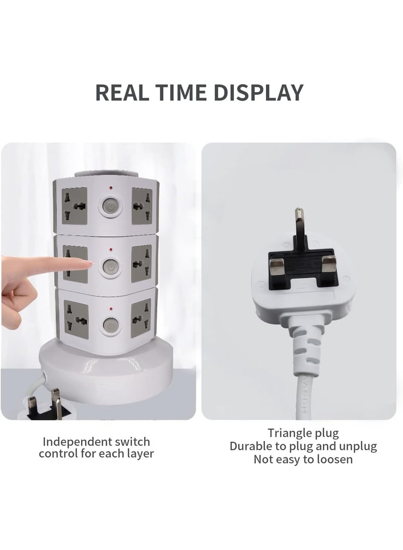 Zexen موزع طاقة عمودي عالمي، متعدد المآخذ (110V-250V) مع 2 منفذ USB، محطة شحن كهربائية مع واقي من زيادة التيار، مناسب لأي دولة (ثلاث طبقات) - Image 4