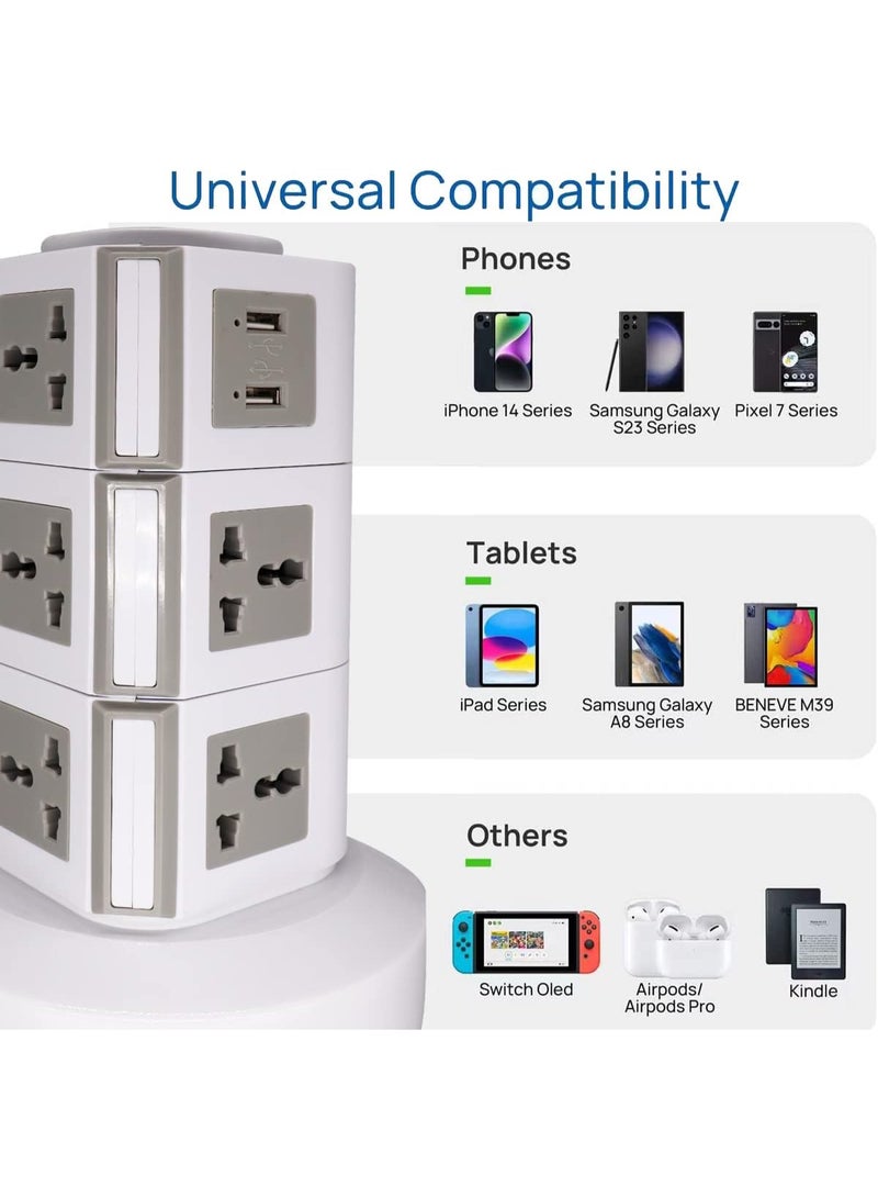 Zexen موزع طاقة عمودي عالمي، متعدد المآخذ (110V-250V) مع 2 منفذ USB، محطة شحن كهربائية مع واقي من زيادة التيار، مناسب لأي دولة (ثلاث طبقات) - Image 5