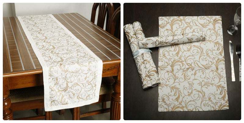 Dekor World Cotton Gold Printed White Table Runner (33x120cm) (Pack of 1 Piece)-4 Seater Dinning & Center Table (4 Seater (33x120cm)-Pack of 5 Piece, White) - Image 1