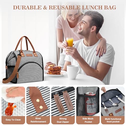 LOKASS Lunch Bag Insulated Lunch Box Wide-Open Lunch Tote Bag with Removable Shoulder Strap for Women/Men Adults Work Picnic Hiking Beach Fishing(Stripes) - Image 4