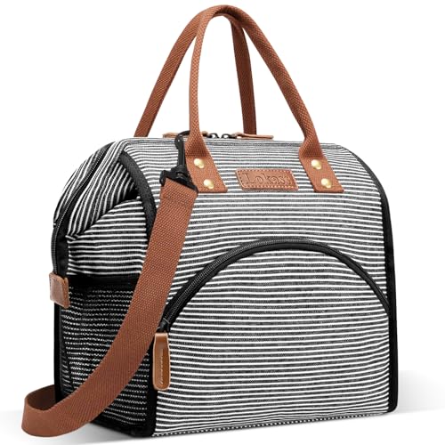 LOKASS Lunch Bag Insulated Lunch Box Wide-Open Lunch Tote Bag with Removable Shoulder Strap for Women/Men Adults Work Picnic Hiking Beach Fishing(Stripes) - Image 1