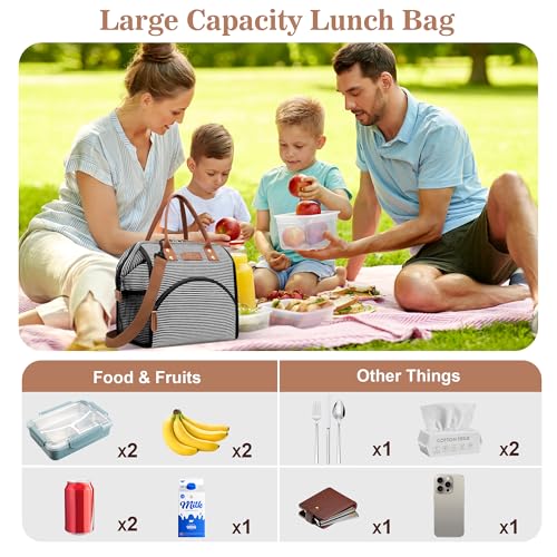 LOKASS Lunch Bag Insulated Lunch Box Wide-Open Lunch Tote Bag with Removable Shoulder Strap for Women/Men Adults Work Picnic Hiking Beach Fishing(Stripes) - Image 3