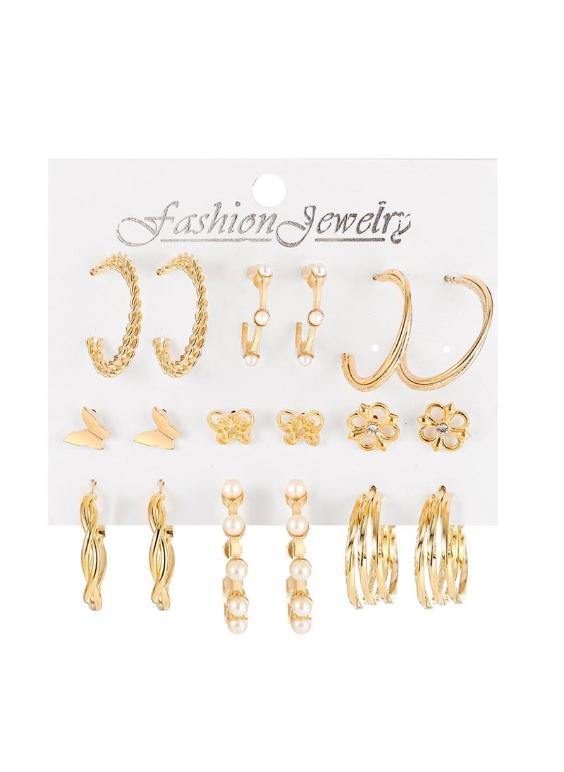Huitich Elegant Gold Colour Tone Alloy, Crystal & Pearl Earrings Set  9 Pairs  - Image 1