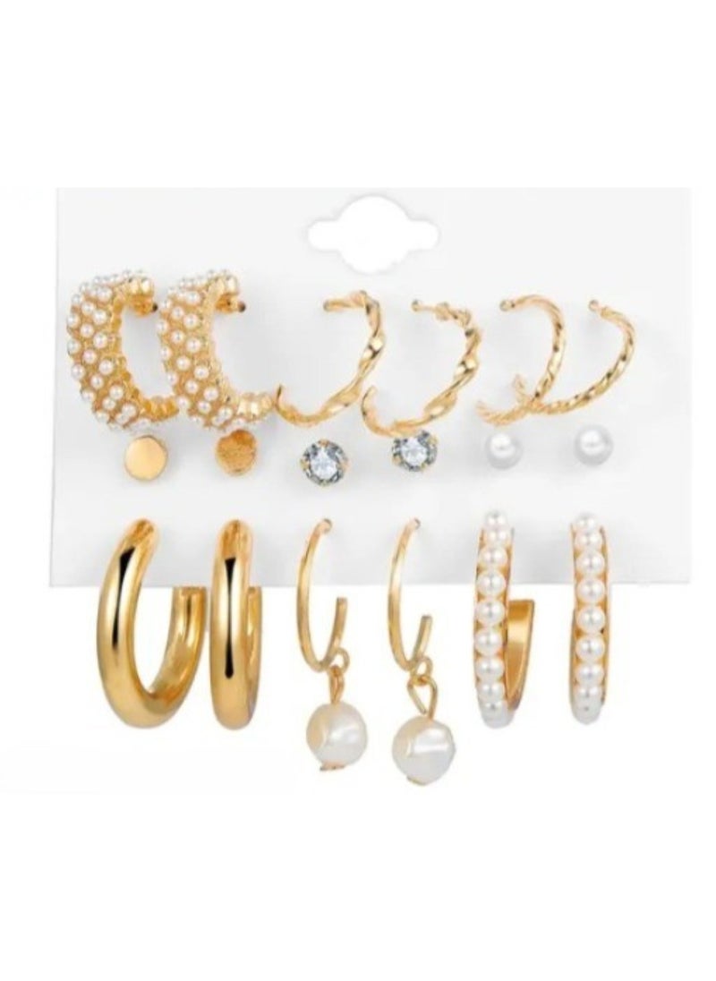 Huitich Elegant Gold Colour Tone Alloy, Crystal & Pearl Earrings Set  9 Pairs  - Image 1