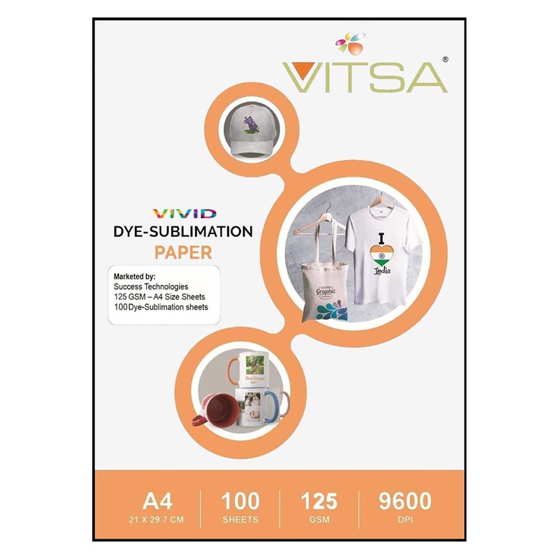 VITSA Dye Sublimation Paper 125GSM (A4 Size, 100 Sheets) Instant Dry, Heat Transfer Paper for Mug Printing, Mobile cases, Polyester clothes, T-shirts, Keychains & Other Ceramics. - Image 1
